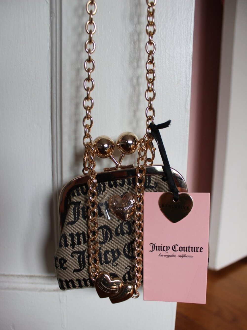 Juicy Couture Easy Rider Kisslock Mini Crossbody Coin Purse Black Beige Y2K NWT
